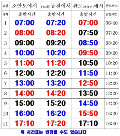 화흥포항 및 동천항 여객선 운임시간표