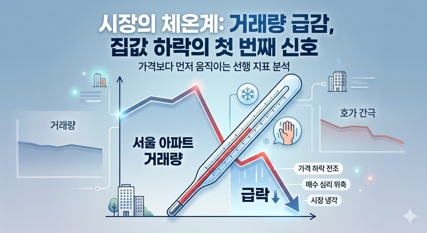 거래량이 급격히 하락하는 꺾은선 그래프와 체온계 아이콘이 결합된 이미지