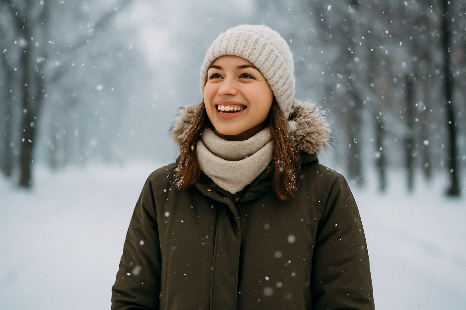 겨울철 눈 내리는 배경 속 따뜻하게 입은 인물의 모습이 &lsquo;It&rsquo;s snowing&rsquo;&amp;#44; &lsquo;It&rsquo;s cold&rsquo; 같은 날씨 표현을 쉽게 떠올리게 합니다.