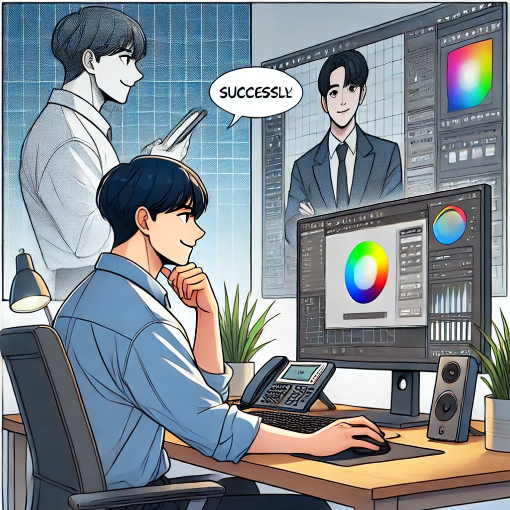 &quot;한국형 웹툰 스타일로 표현된 아시아 남성이 CAD 프로그램의 바탕화면 색상을 최적화하여 작업 효율성을 높이는 모습. 만족스러운 표정으로 모니터를 바라보는 그의 작업 공간은 현대적인 기기와 푸른색 및 녹색의 진정 효과가 있는 색조로 꾸며져 생산적이고 스트레스 없는 환경을 상징한다.&quot;