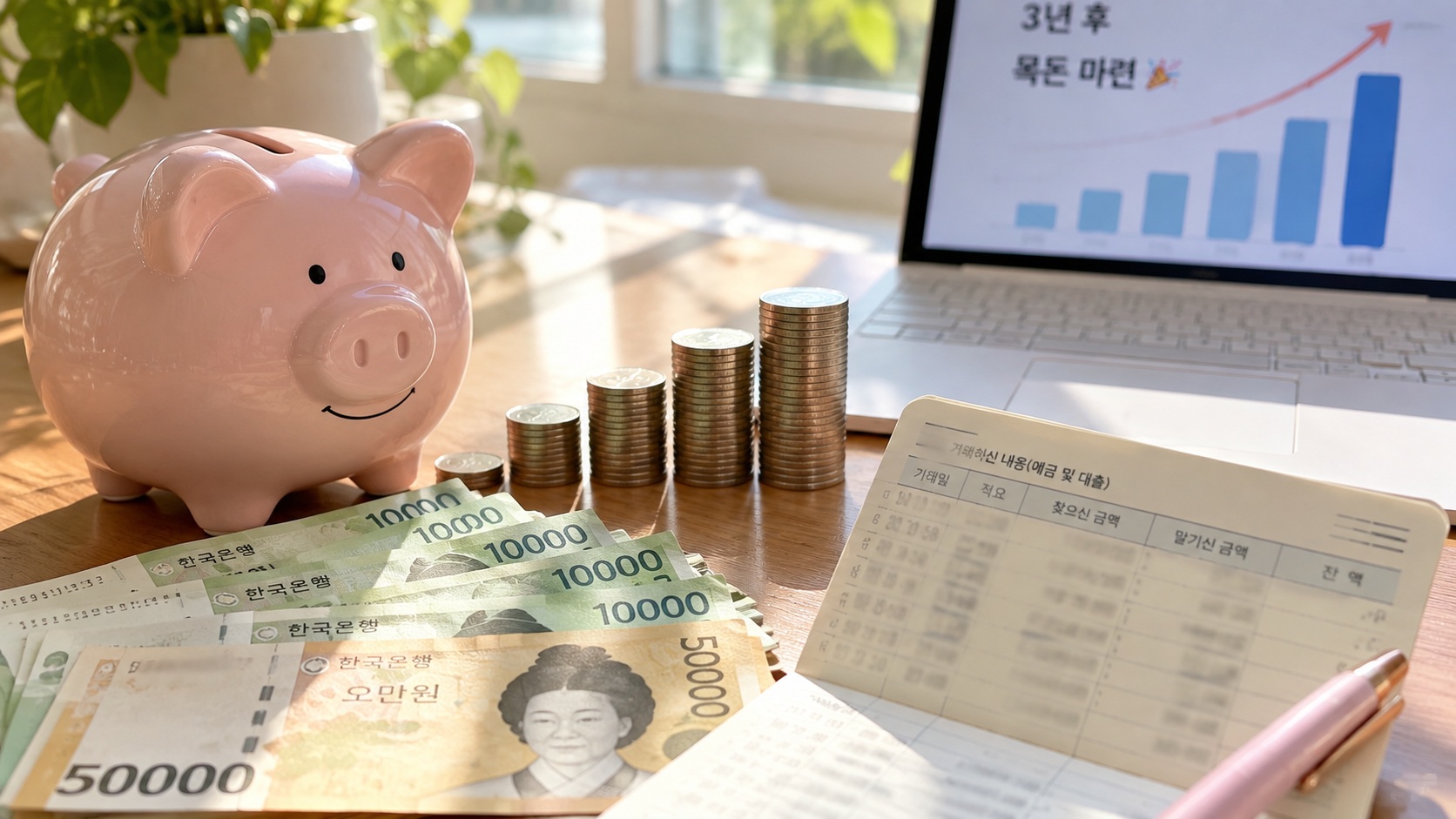 청년미래적금 3년 만기 목돈 마련을 표현한 돼지저금통과 동전, 지폐, 통장 및 저축 증가 그래프