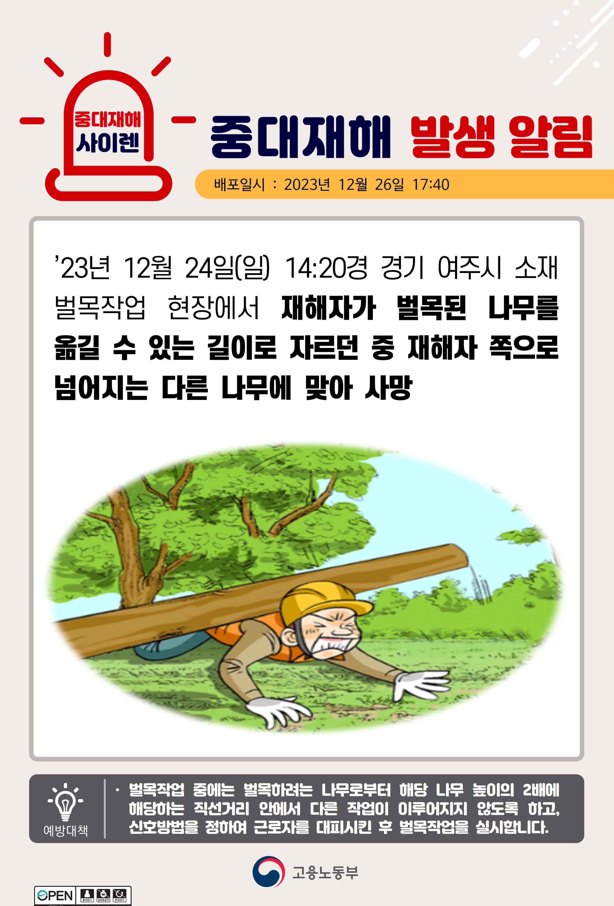 벌목된 나무 절단 작업 중 넘어지는 다른 나무에 맞음