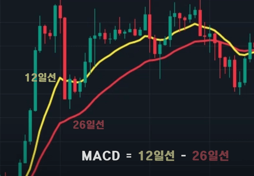 MACD 지표의 수식을 보여주기 위한 참고 사진
12일선과 26일 선을 나타내고있다.