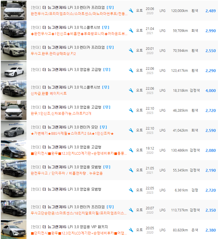 더 뉴 그랜저IG 3.0 LPi 등급 중고차 시세 : 1,670만원 ~ 4,000만원