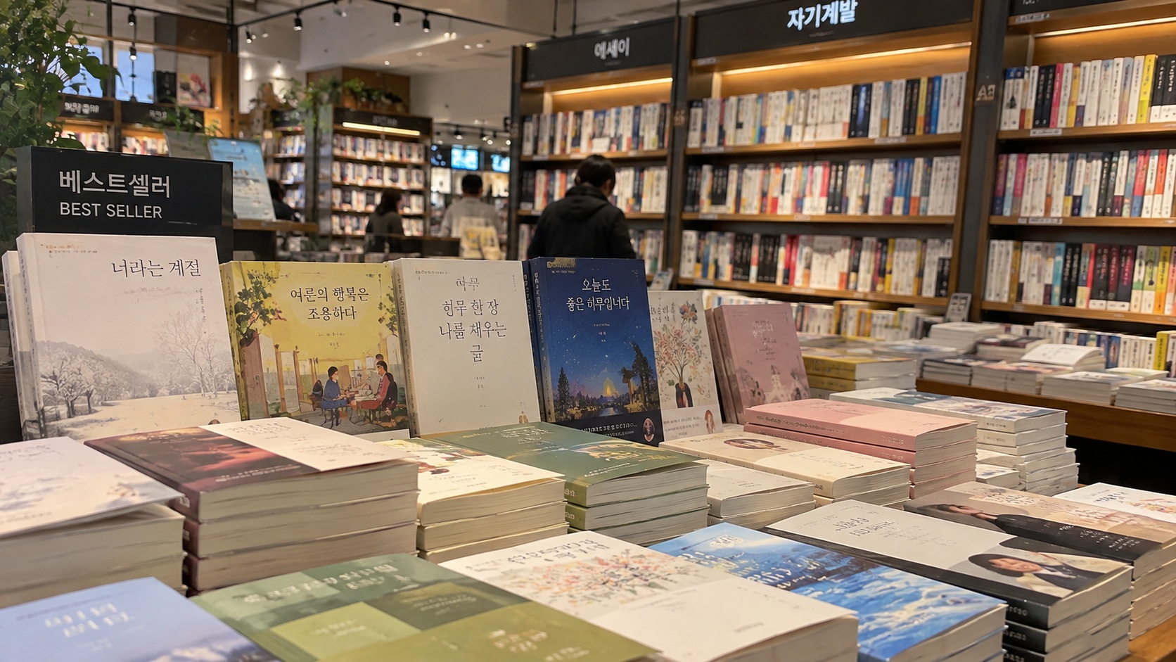 서점 베스트셀러 진열대에 다양한 에세이와 자기계발 도서가 놓여 있는 모습