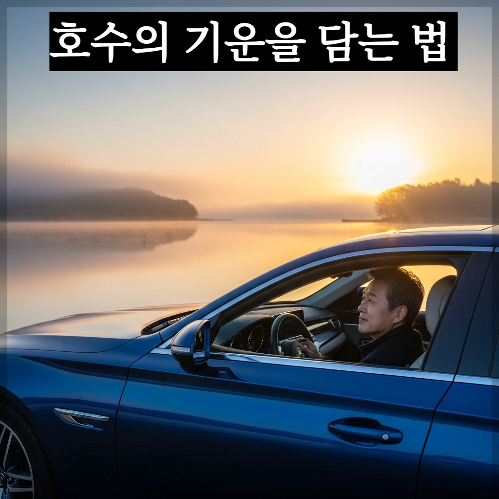 안개가 살짝 낀 새벽녘, 고요하고 거울 같은 호숫가 도로에 주차된 세련된 다크 블루 세단. 운전석 창문이 살짝 열려 있고, 그 사이로 평온한 표정의 한국인 남성 운전자가 호수를 바라보는 모습. 황금빛 아침 햇살이 물결에 반사되어 차량을 은은하게 비추는 고화질 사진