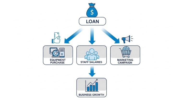 사업자금 대출의 투명한 용도와 사용처를 나타내는 인포그래픽, 사업 성장을 위한 자금 배분.