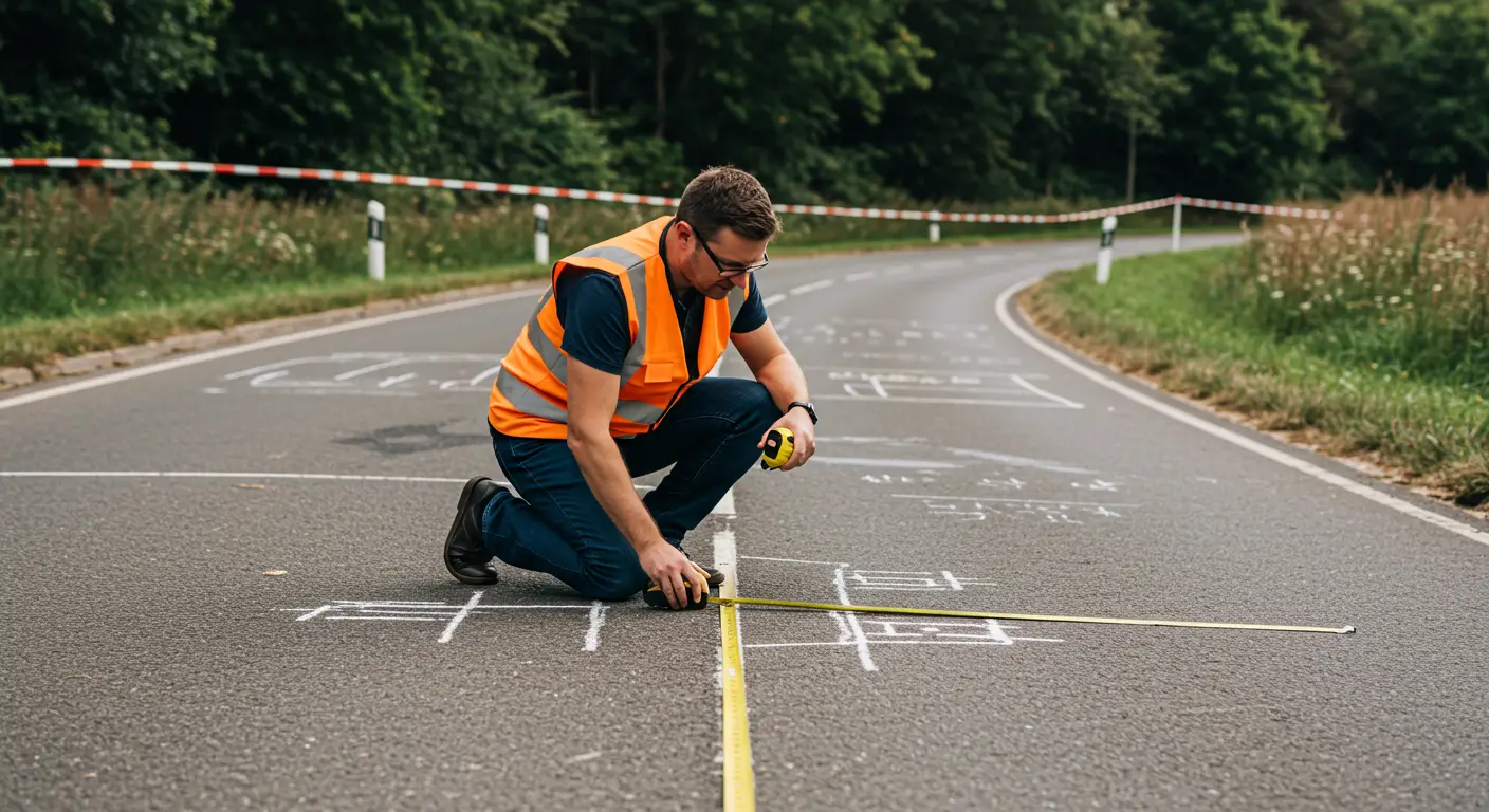 반사 조끼를 입은 전문 도로교통사고감정사가, 분필 윤곽선과 스키드 마크가 있는 모의 사고 현장에서 무릎을 꿇고 줄자로 측정하는 모습