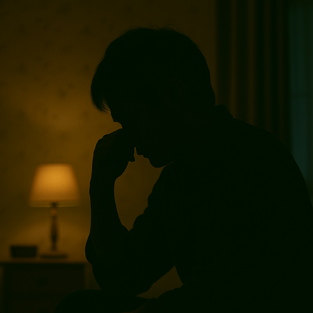 어두운 방 안에서 고민에 빠진 인물의 실루엣