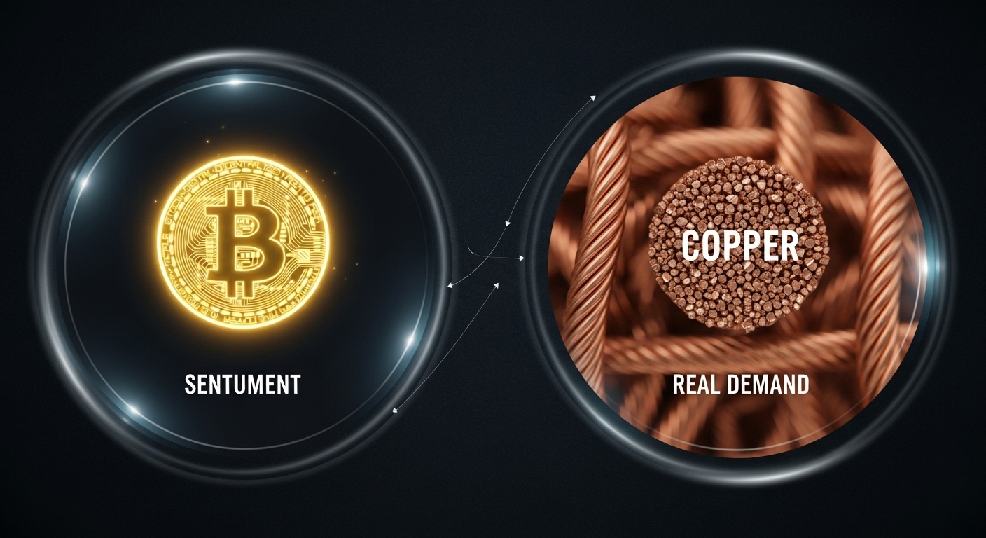 Infographic observing Bitcoin and Copper under a microscope. 'Sentiment' is written under Bitcoin, and 'Real Demand' under Copper.