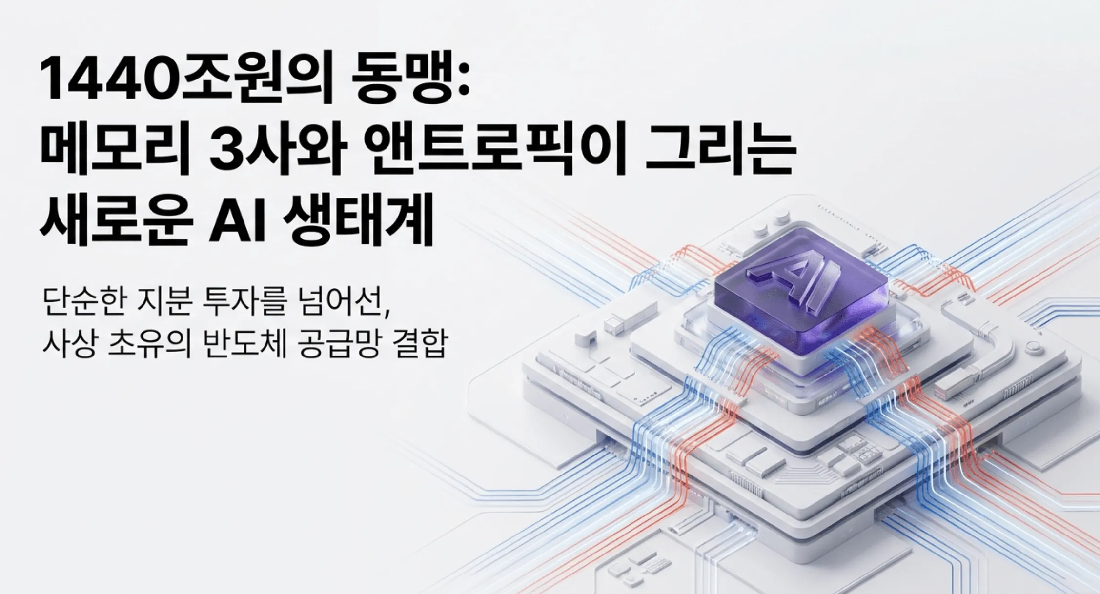 '1440조원의 동맹: 메모리 3사와 앤트로픽이 그리는 새로운 AI 생태계'라는 문구가 담긴 블로그 대표 이미지. 중앙의 AI 반도체 칩에서 여러 갈래의 회로가 뻗어 나가는 모습으로, 삼성전자&middot;SK하이닉스&middot;마이크론 메모리 3사가 엔트로픽 시리즈H 투자에 참여해 단순 지분 투자를 넘어 반도체 공급망을 결합한 전략적 동맹을 시각적으로 전달하며, 블로그의 엔트로픽 투자와 메모리 수혜 주제와 관련된 내용을 설명함