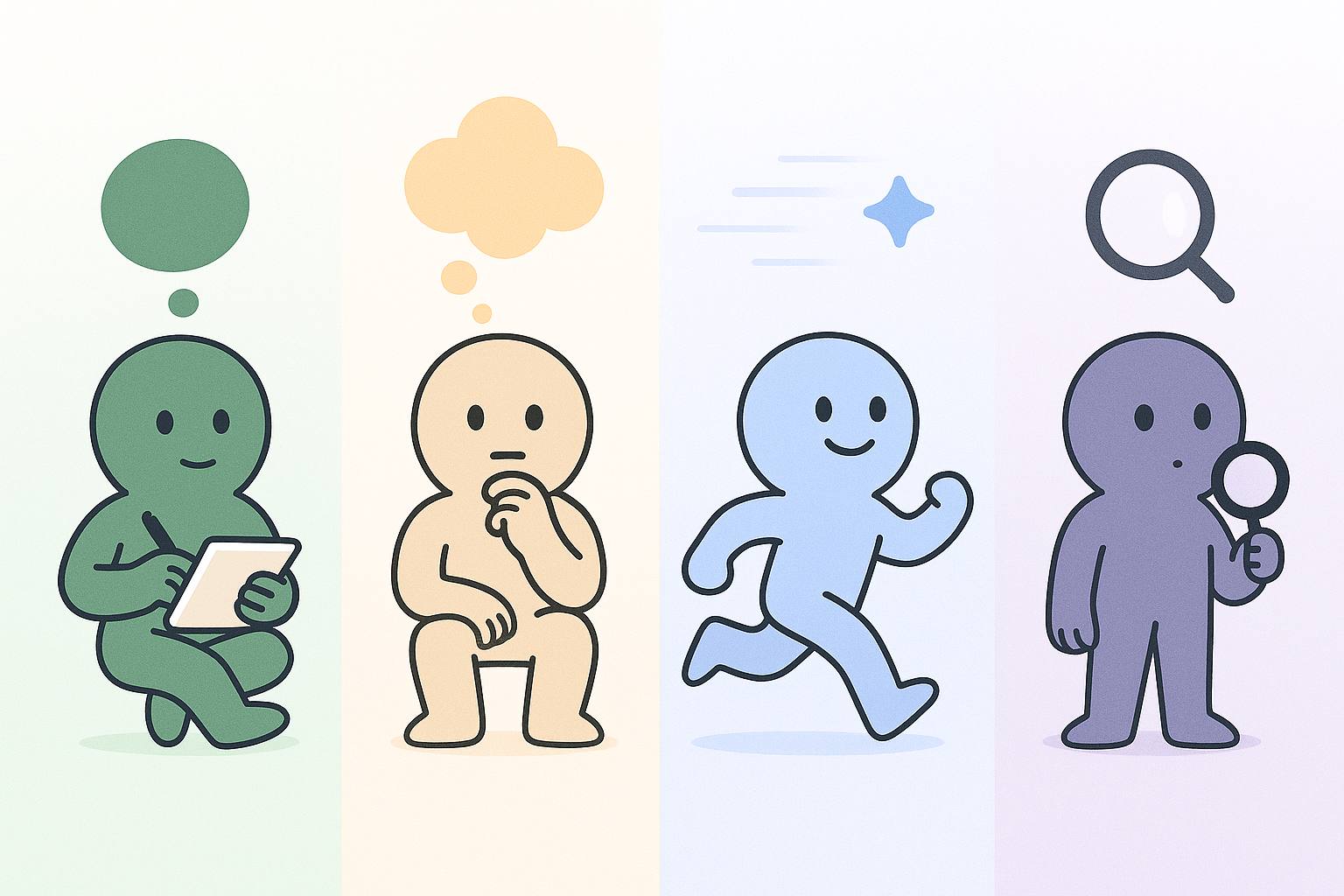 네 가지 생성형 AI의 특징을 캐릭터로 표현한 비교 일러스트 - 노트북을 든 사려 깊은 파트너 ChatGPT, 다층적 사고 과정을 보여주는 깊이 있는 사색가 Claude, 빠른 속도선과 유연성 상징으로 표현된 민첩한 학습자 Gemini, 검색 돋보기를 든 집중력 있는 연구자 Perplexity를 각각의 독특한 색상과 성격으로 시각화