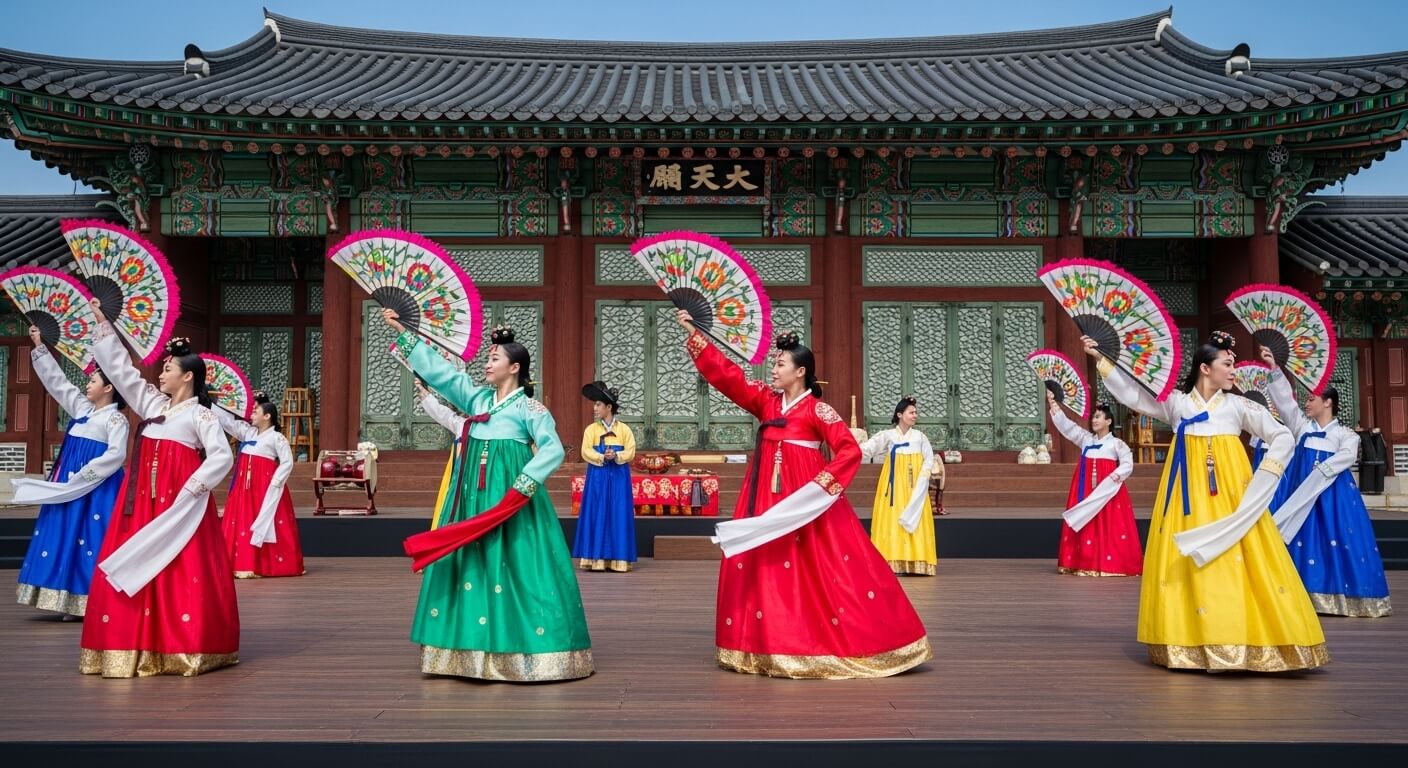 부채춤을 추는 무용수들이 전통무대에서 공연하는 장면