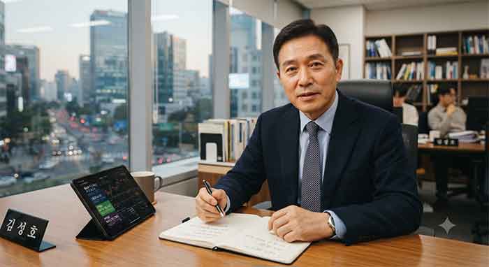 사무실 책상에 앉아 노트에 글을 쓰는 남성.