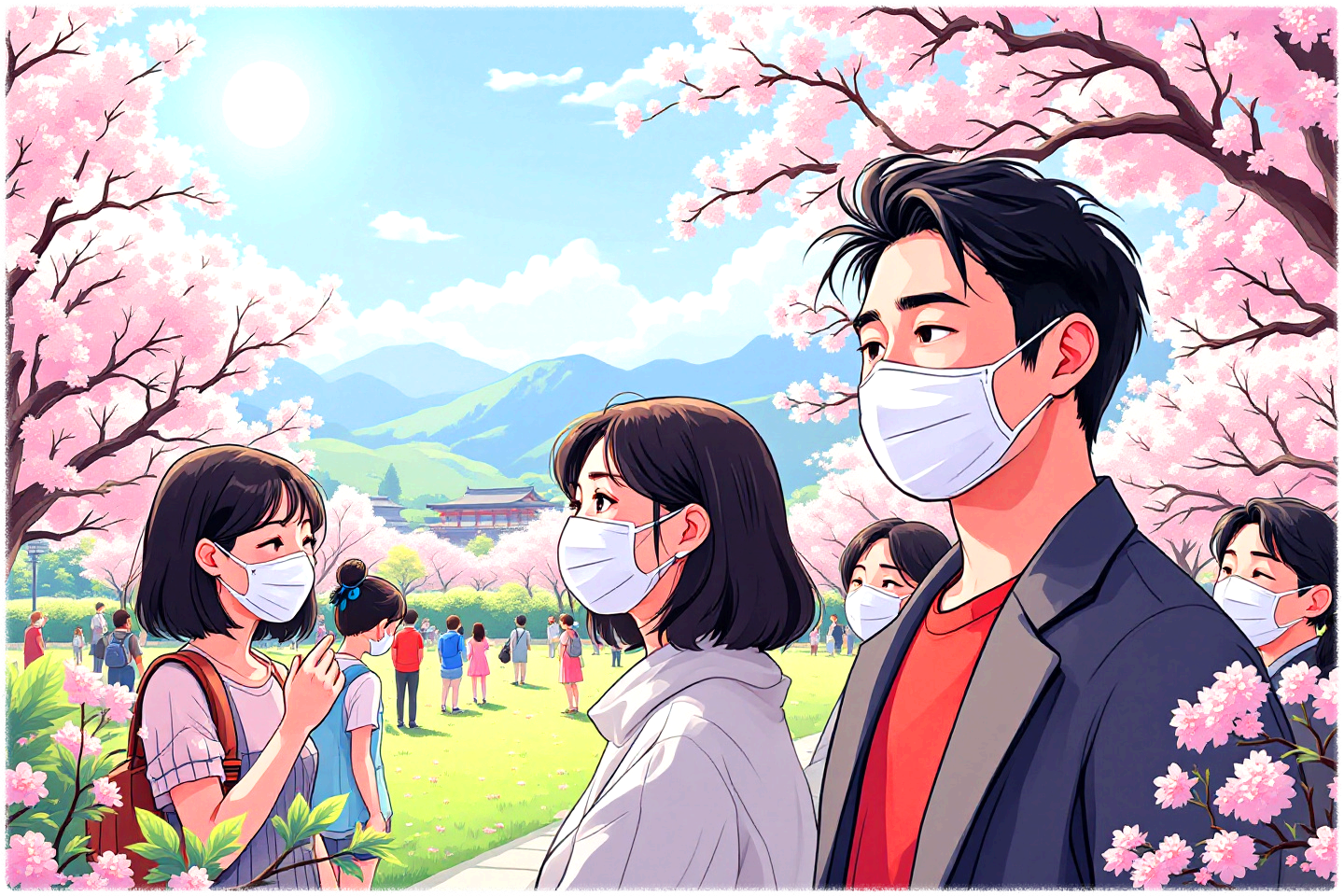 봄철 외출시 꽃가루, 황사 그리고 미세먼지 관련해서 마스크를 착용하고 있는 모습의 이미지