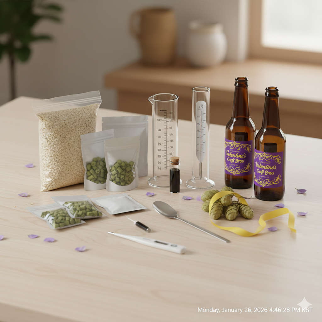 수제 맥주 만들기에 필요한 재료(맥아, 홉, 효모)와 기본 도구들이 깔끔하게 정돈된 모습.