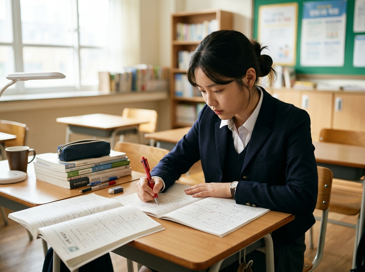 고등학생이 수학 오답 노트를 점검하며 자신의 약점을 분석하는 모습