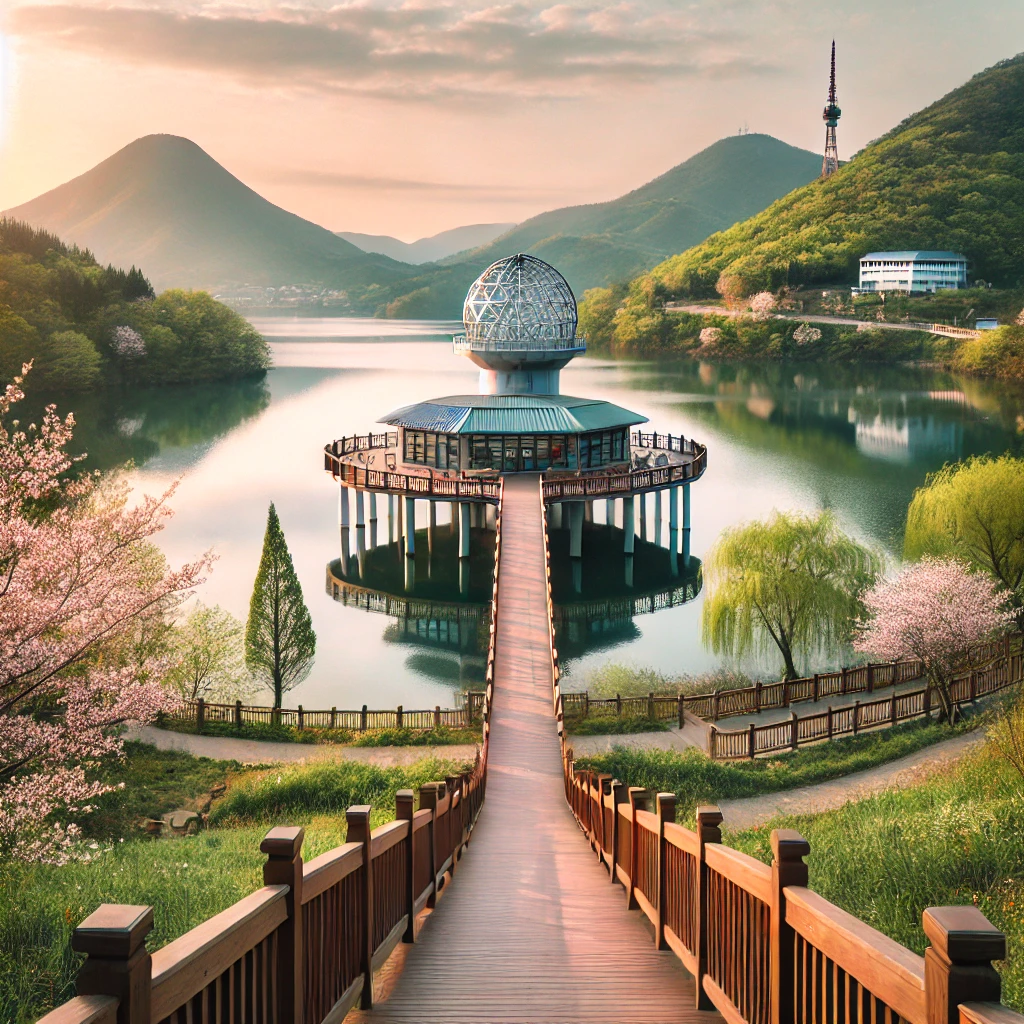 청록뜰에서 바라본 금광호수 하늘전망대의 평화로운 분위기를 파스텔톤으로 표현