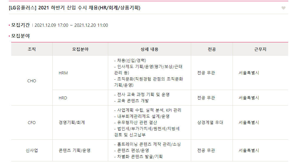 LG유플러스 채용 모집분야