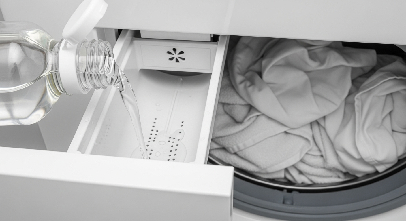 섬유 유연제 대신 맑고 투명한 식초를 헹굼 단계에 맞춰 투입하는 모습