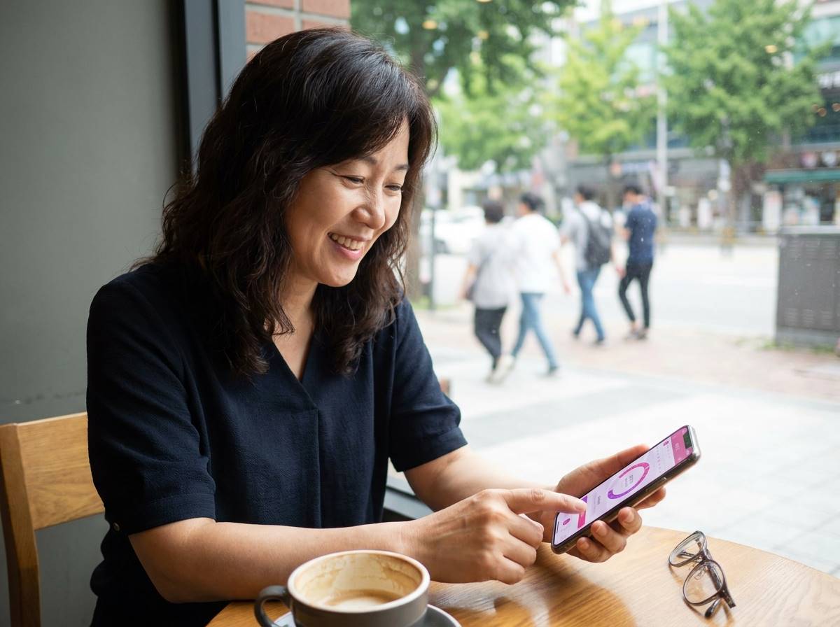 스마트폰의 생리 주기 앱을 확인하며 미소 짓는 여성