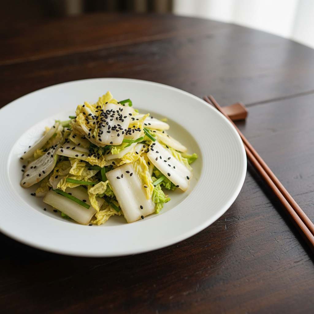 접시에 예쁘게 담긴 완성된 알배추나물