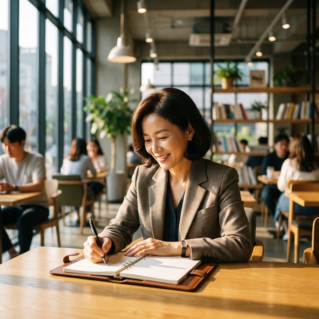 햇살이 잘 드는 카페 창가 자리에 앉아 만족스러운 미소를 지으며 자신의 바인더에 다음 주 계획을 적고 있는 40대 전문직 종사자. 여유로우면서도 목표가 뚜렷한 리더의 삶을 보여주는 시네마틱 8k 사진.