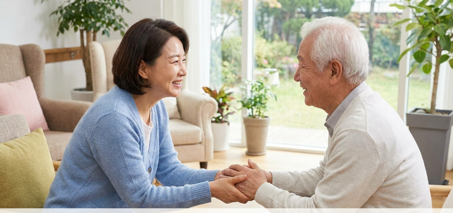 어르신의 손을 따뜻하게 잡고 환하게 웃으며 이야기 나누는 복지사