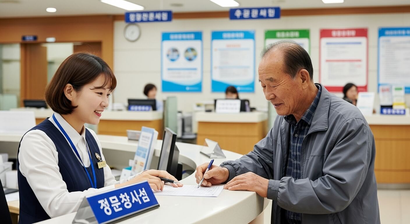 민원 창구에서 수도 요금 관련 상담을 받는 노년 남성