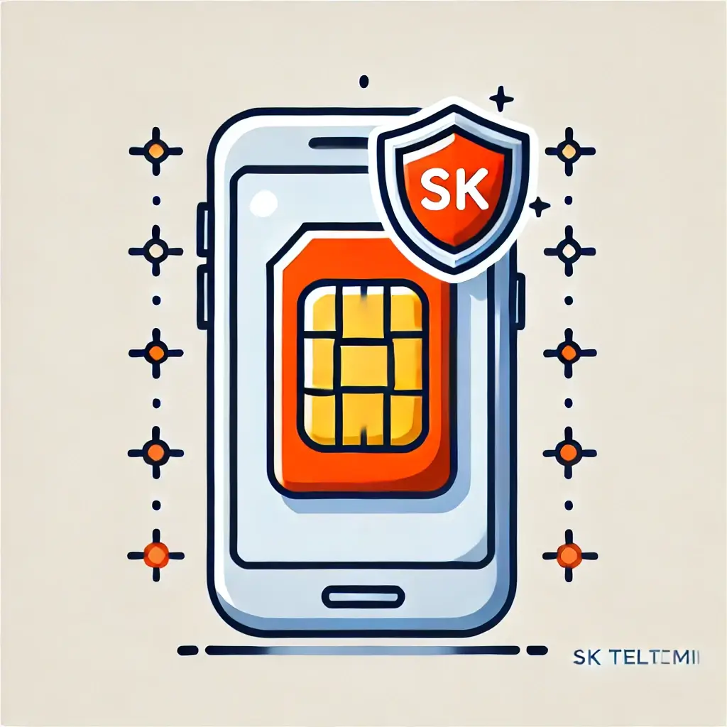 스마트폰 화면 위에 유심카드와 보호막 아이콘이 있는 유심보호서비스 일러스트