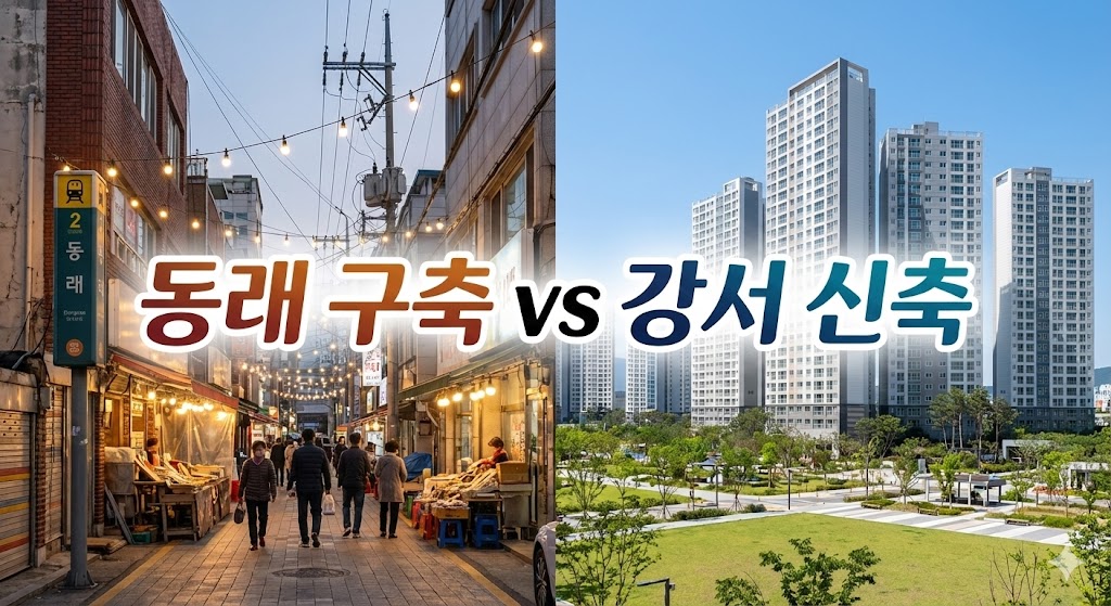 부산 신혼집 비교 썸네일, 동래구 구축 아파트 거리와 강서구 명지 신도시 신축 아파트 풍경 대비, 중앙에 '동래 구축 vs 강서 신축' 텍스트 포함