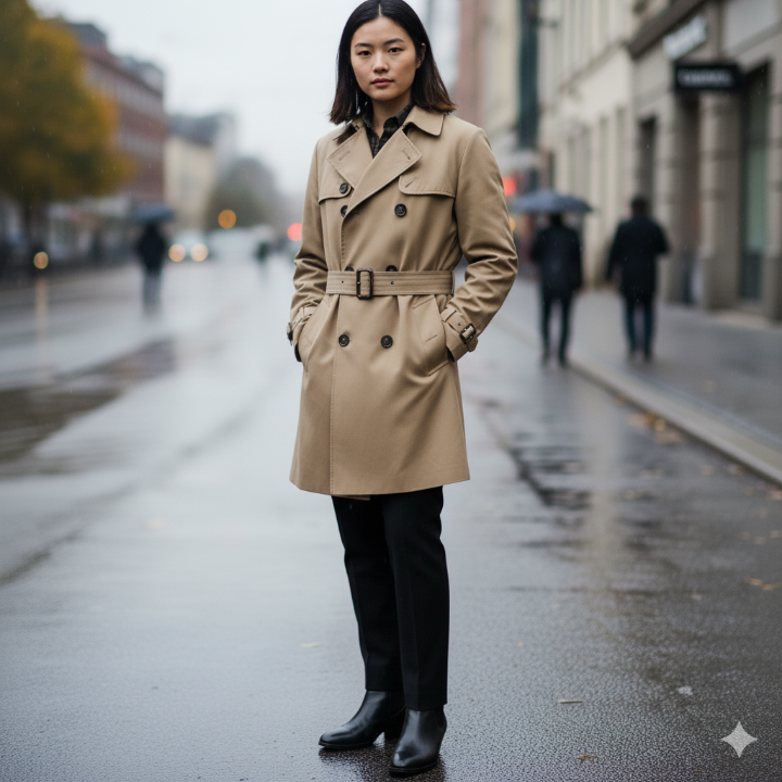트렌치코트와 블랙 슬랙스, 앵클부츠를 매치한 전신 사진