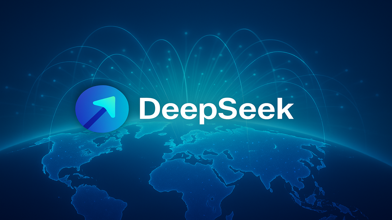 DeepSeek 로고가 세계 지도 위에 퍼져나가는 데이터 흐름과 함께 표현된 이미지, 글로벌 AI 확산을 상징하는 시각적 구성