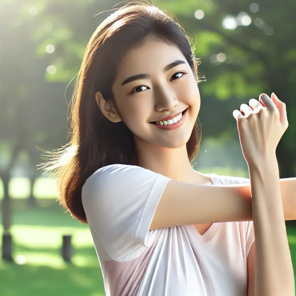 햇살 아래 팔을 스트레칭하며 평온하게 웃는 동양인 여성