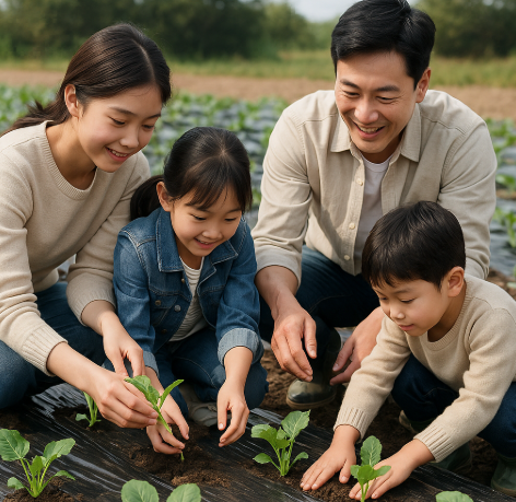 자연에서 식물을 심으며 배우고 있는 가족