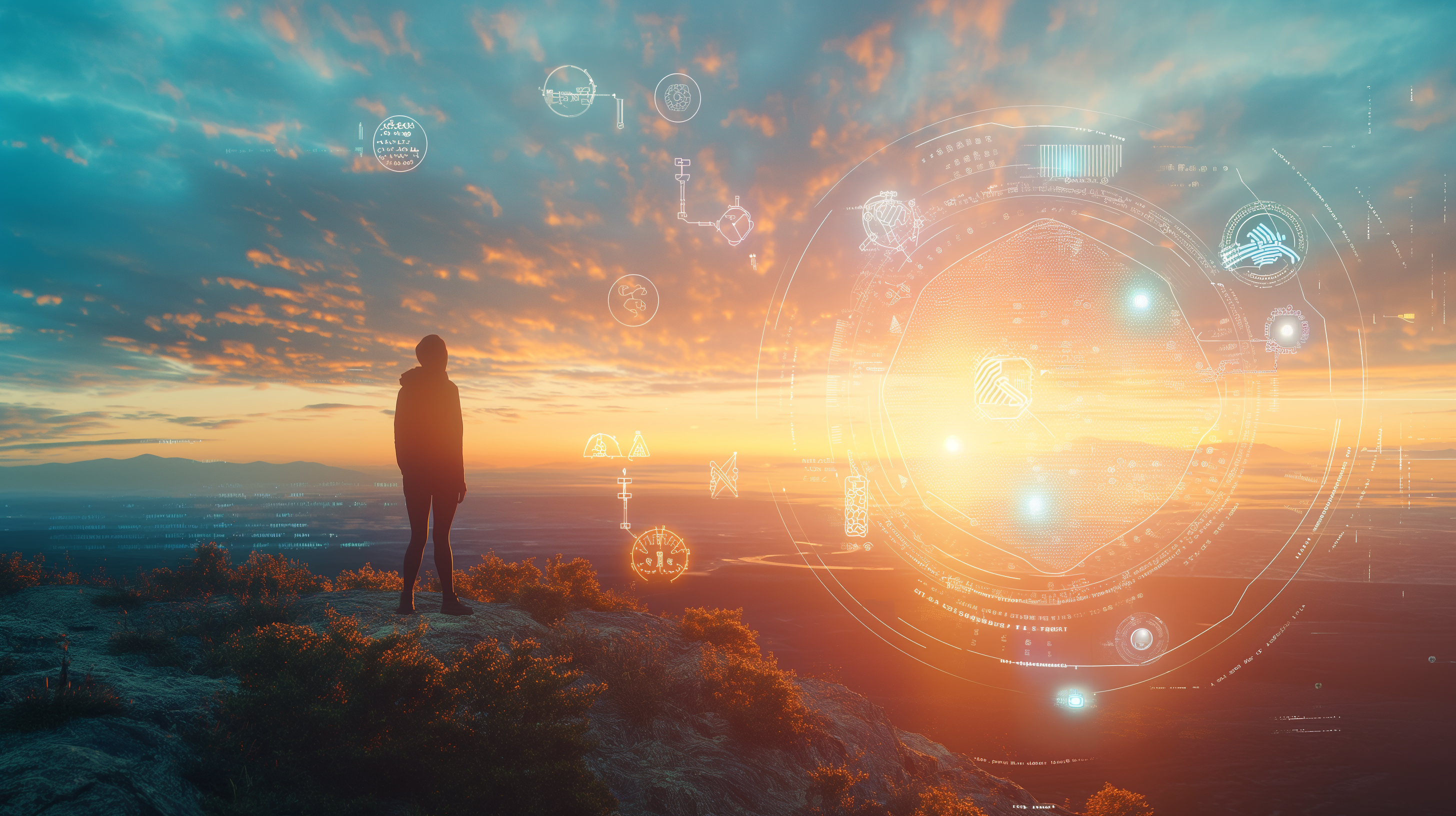 높은 곳에서 바라본 미래 세계가 시각화되며, AI 관련 아이콘(기술, 교육, 의료, 로보틱스 등)이 떠오르는 모습