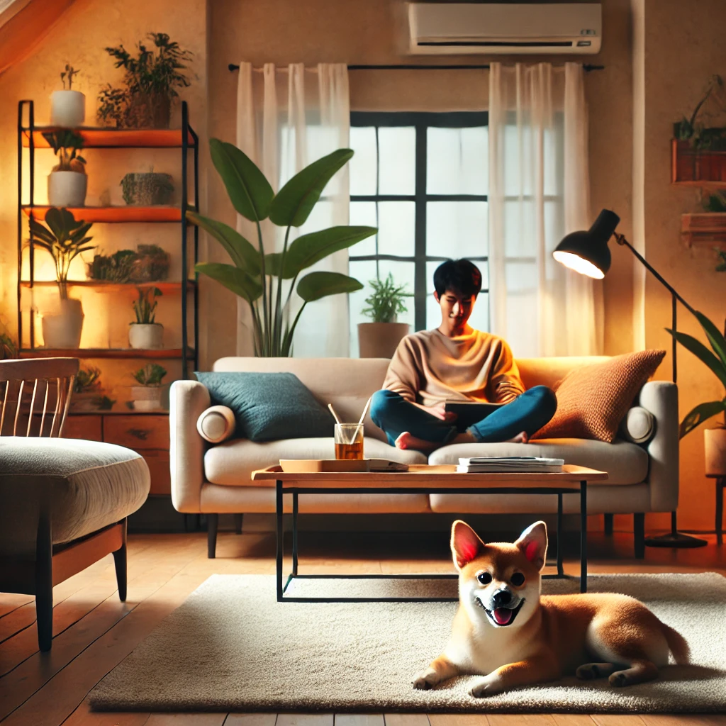주인과 반려견이 거실에 있는 사진