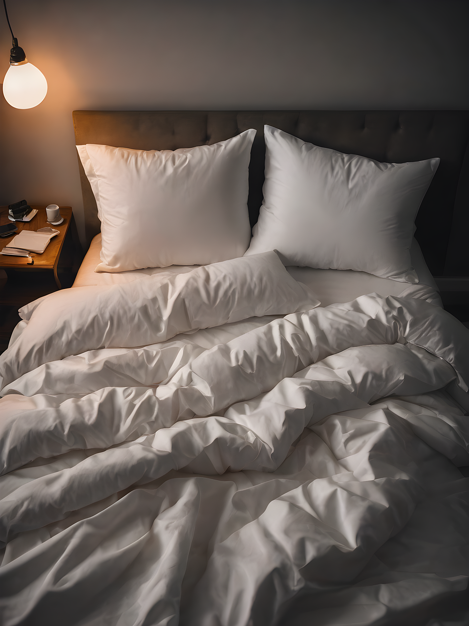 불이 켜진 방의 침대 모습