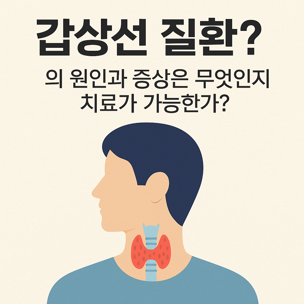 갑상선 부위를 강조한 사람의 옆모습 일러스트와 함께 ‘갑상선 질환? 의 원인과 증상은 무엇인지 치료가 가능한가?’라는 한국어 문구가 포함된 건강 정보 인포그래픽. 목 부위에 붉은색 갑상선 그림이 표시되어 있으며, 질환의 원인과 치료에 대한 내용을 시각적으로 암시하는 이미지.