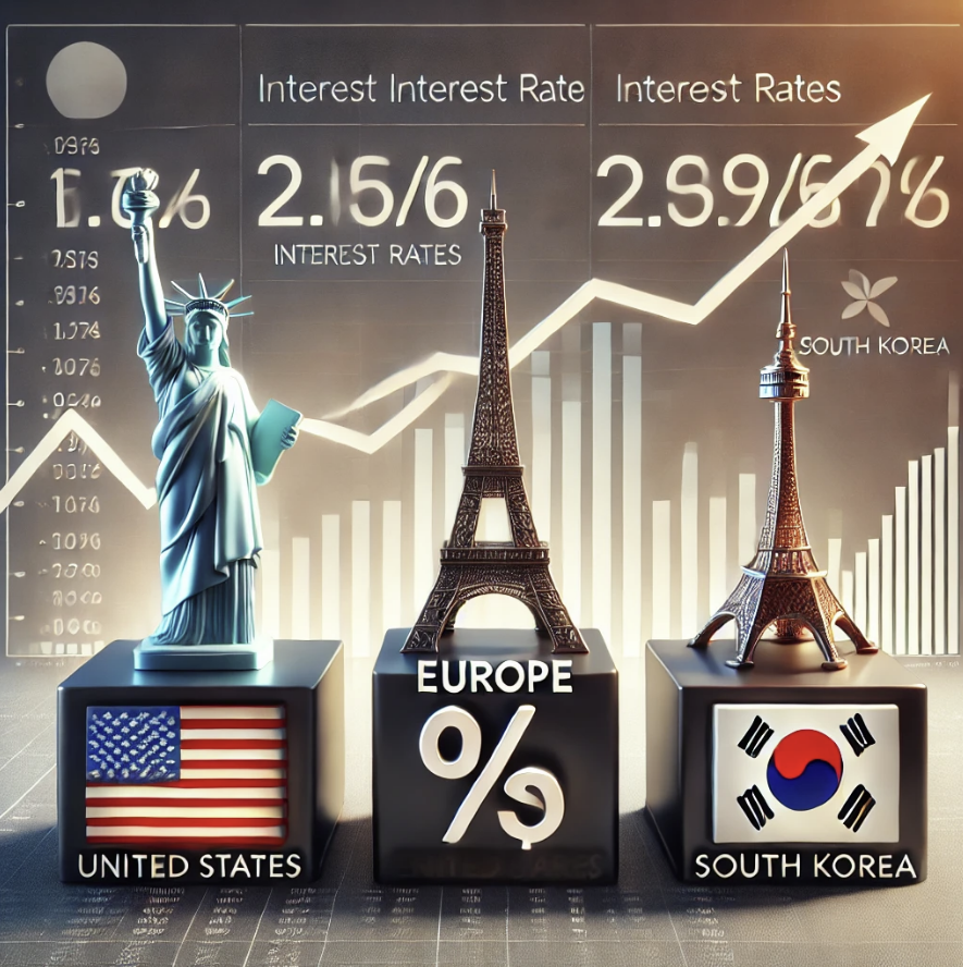 미국, 유럽, 한국의 금리 차이 분석을 통한 투자 전략을 연상할 수 있는 이미지