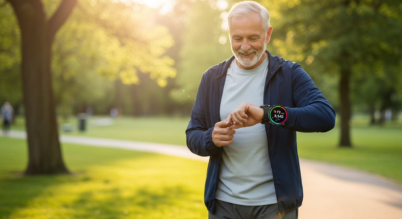 스마트 워치를 착용한 시니어 남성이 건강 데이터를 확인하며 활기차게 걷는 모습, 건강 관리를 위한 IT 기기 활용을 상징.