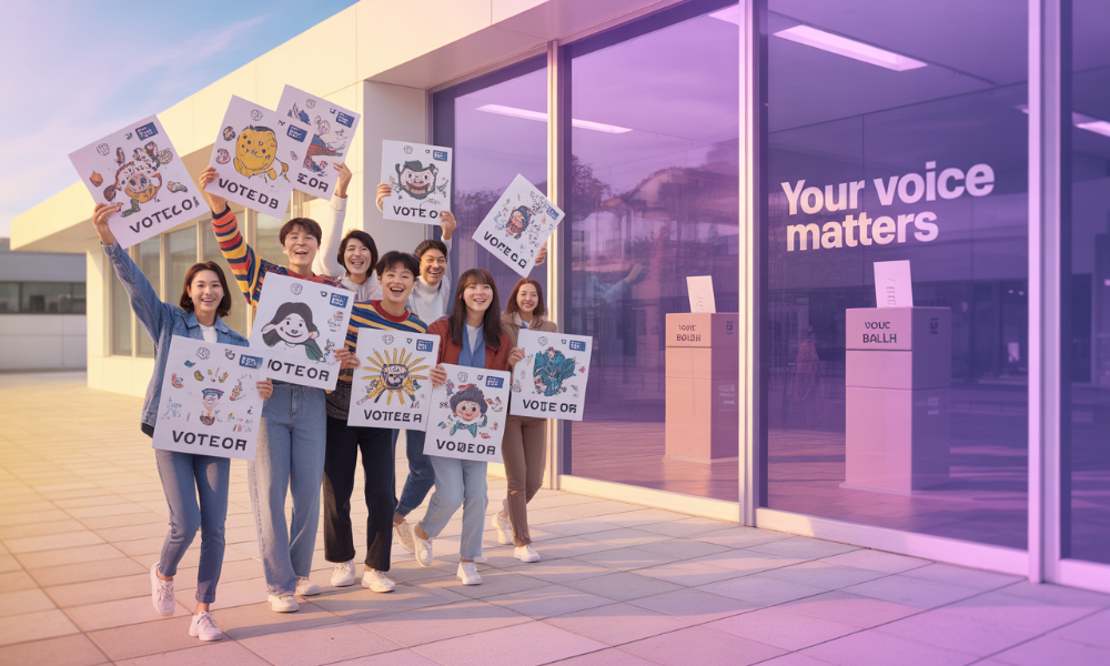 다양한 MZ세대가 각자의 개성을 담은 투표 인증 용지를 들고 활기차게 서 있는 모습, 캐릭터, 스포츠 로고, AI 디자인 등 창의적인 요소가 돋보이며 투표 참여를 독려하는 분위기를 나타냄.