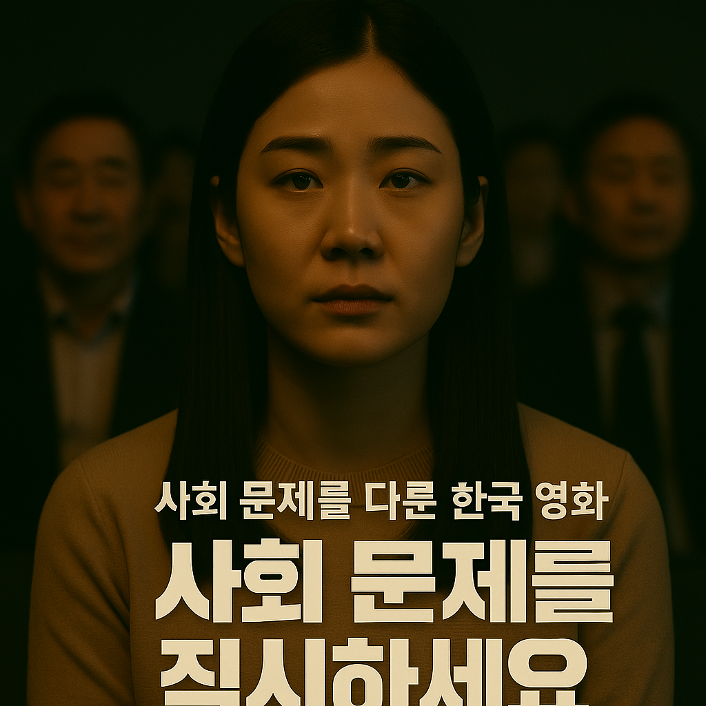 사회 문제를 다룬 한국영화의 상영 장면 또는 시사 메시지 화면