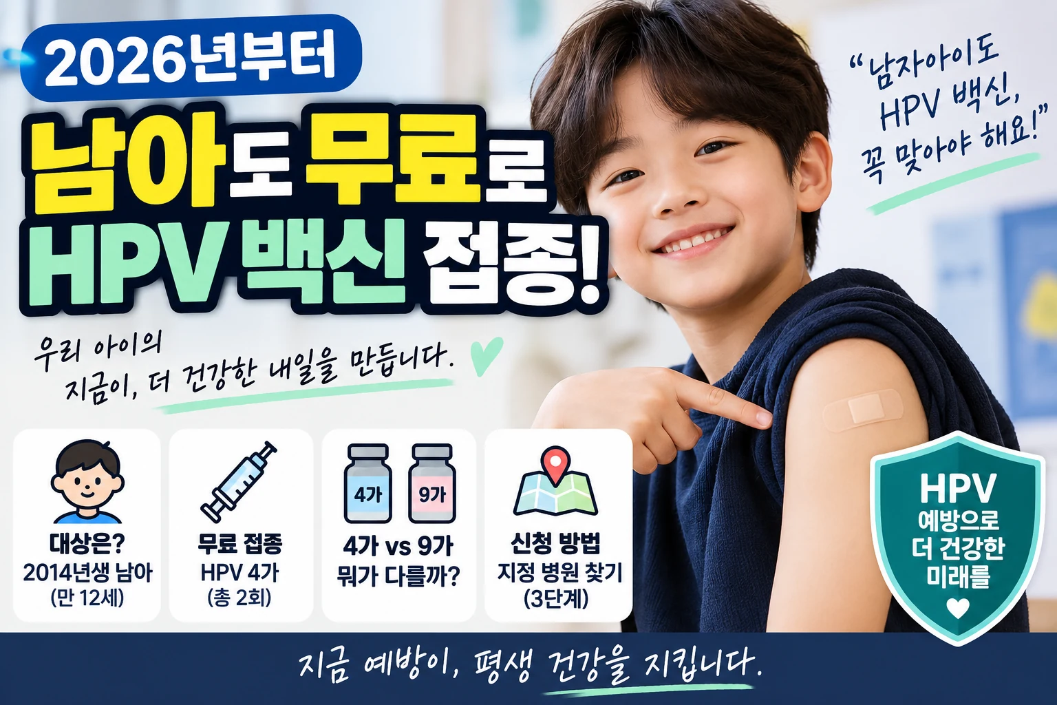 2026년부터 남아도 무료로 HPV 백신 접종 안내 포스터 - 팔에 밴드를 붙이고 웃고 있는 남자아이 일러스트