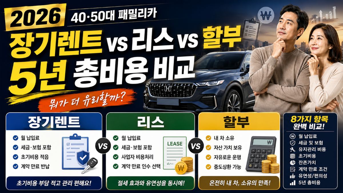 2026 자동차 리스 vs 장기렌트 vs 할부 8가지 비교, 5년 총비용과 명의·세금 한 번에