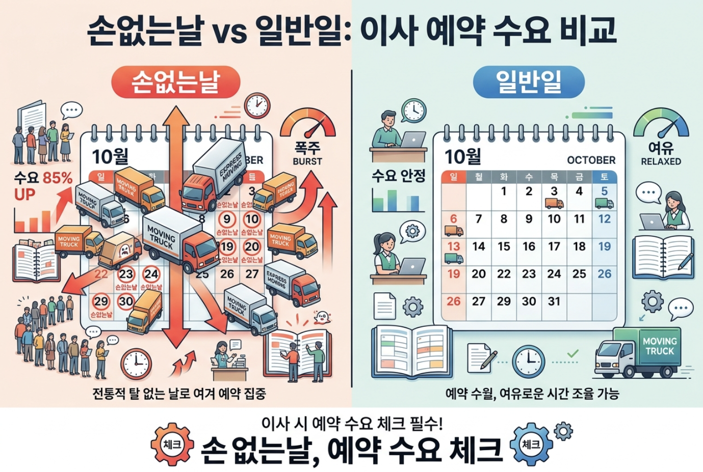 손없는날에 이삿짐 차량 예약 수요가 집중되는 모습을 표현한 이미지