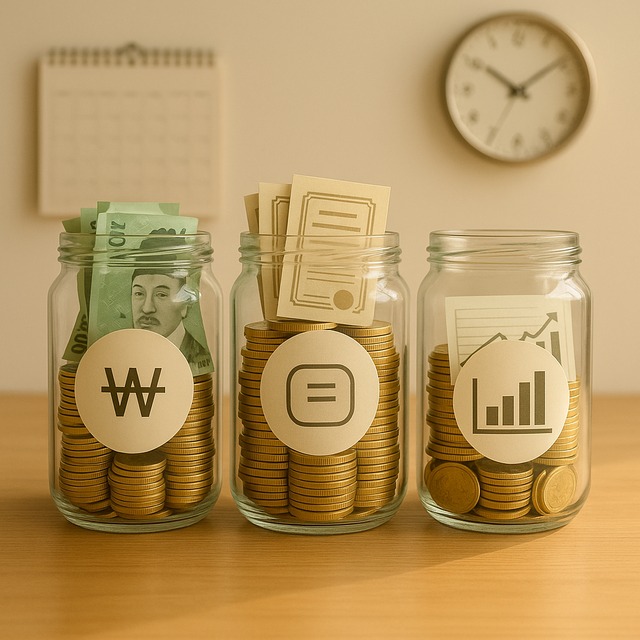 세 개의 투명 유리병에 현금·채권·주식이라고 적힌 라벨이 붙어 차곡차곡 쌓여 있고, 뒤에는 달력과 시계가 보이는 정면 구도