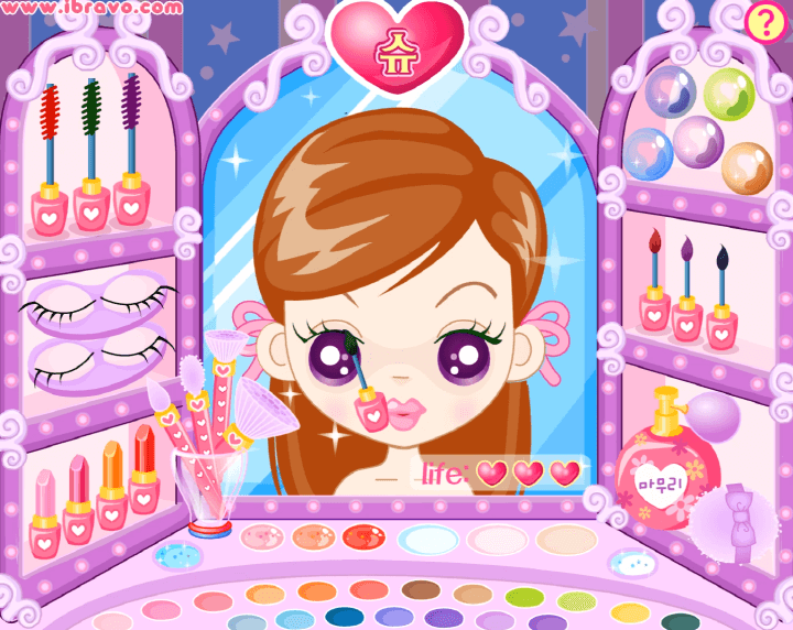 슈의-화장놀이-메이크업-플래시게임-플레이-속눈썹에-녹색-마스카라를-바르는-화면