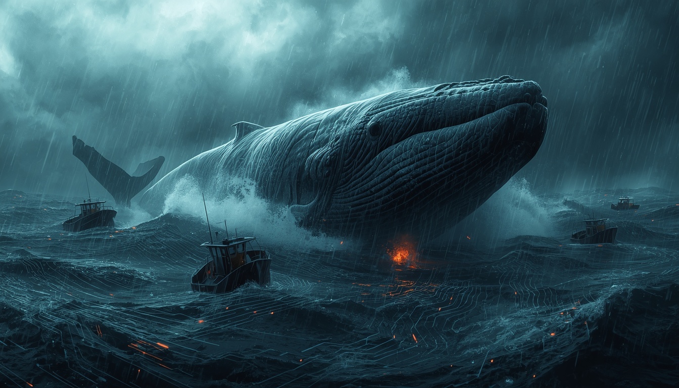 A conceptual image of a whale attacking boats in a stormy digital ocean.