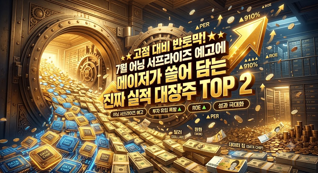 고풍스럽고 거대한 은행 금고의 문이 활짝 열리며 안에서 수많은 황금빛 데이터 칩과 달러, 원화 지폐들이 폭포수처럼 쏟아져 나오는 화려한 그래픽 배경 위로, "고점 대비 반토막! 7월 어닝 서프라이즈 예고에 메이저가 쓸어 담는 진짜 실적 대장주 TOP 2"라는 볼드체 타이틀 자막이 배치된 연출 사진.